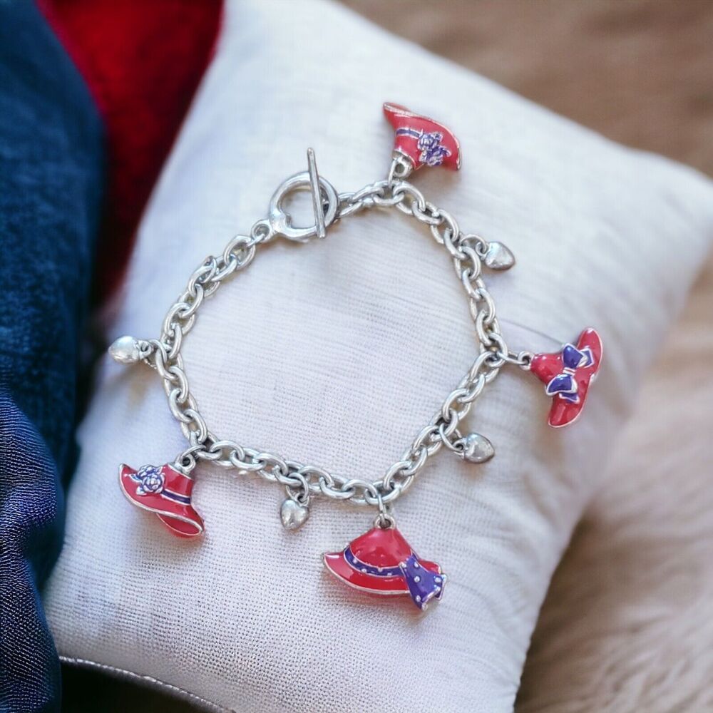 Vintage Charm Bracelet Silver Tone Lady Enamel Red Hats